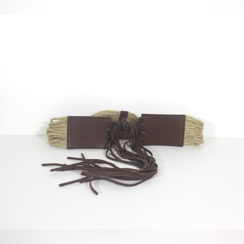 Vintage Jute and Leather Tie Belt Hippie Bohemian Natural Brown Tassel ANNE X S